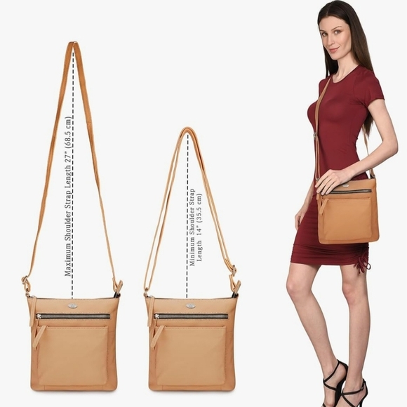 Luxeoria Pebble Grain Leather Crossbody Bag Light Peach Tan Beige Classic Medium - Picture 16 of 16